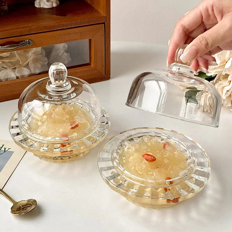 1pcs Chinese Bird's Nest Bowl White Fungus Cup Glass Belt Cover Transparent Delicate High Grade Fruit Dim Sum Dessert Soup Cup Oasis Select