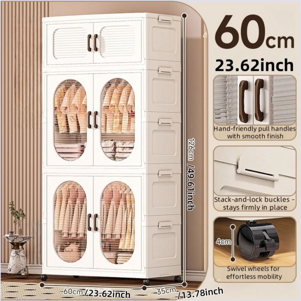 60cm Double-Door Foldable Wardrobe with Wheels - Large Capacity Magnetic Closure Storage for Clothes/Quilts, Bedroom/Living Room Oasis Select 2 cabinets 1 drawer