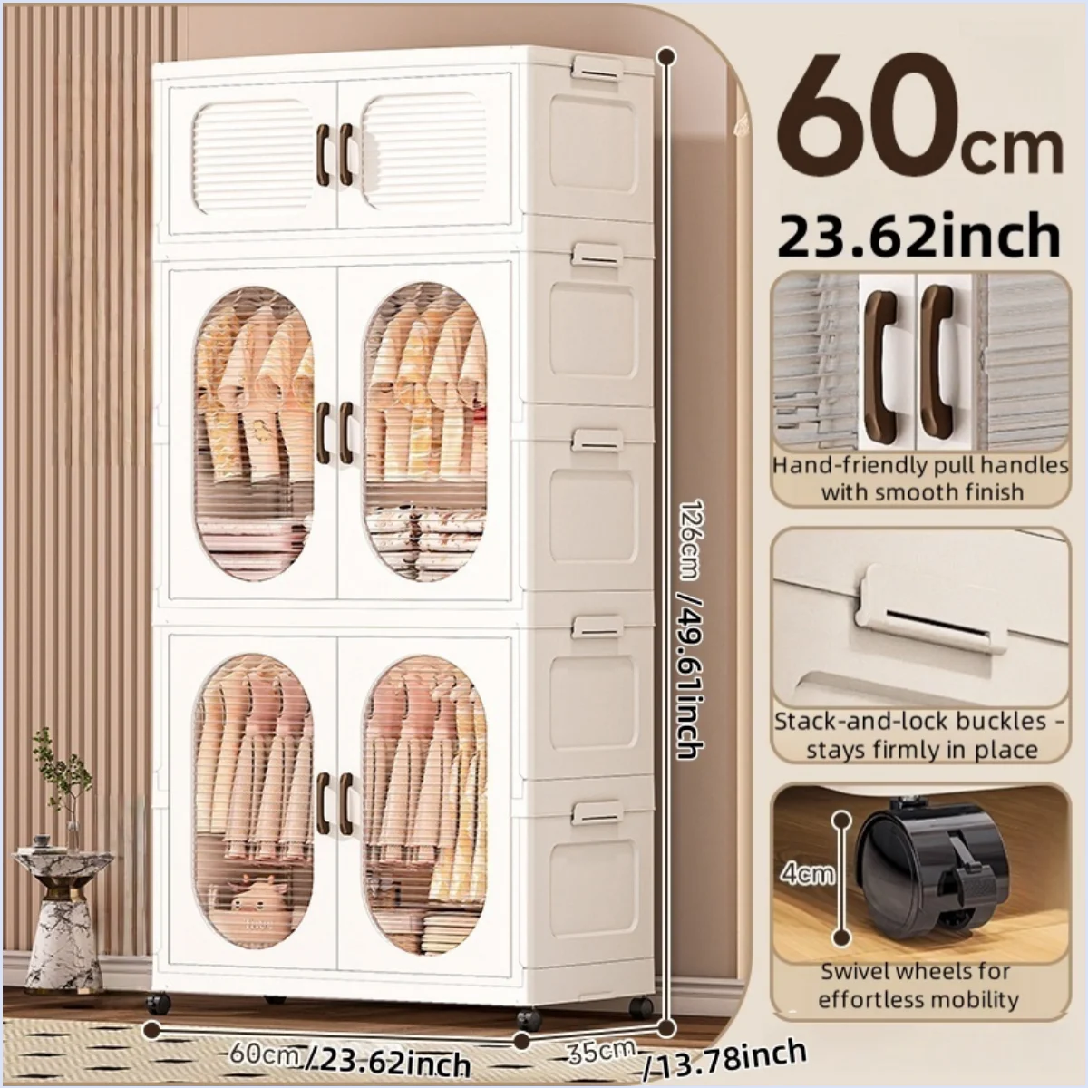 60cm Double-Door Foldable Wardrobe with Wheels - Large Capacity Magnetic Closure Storage for Clothes/Quilts, Bedroom/Living Room Oasis Select 2 cabinets 1 drawer