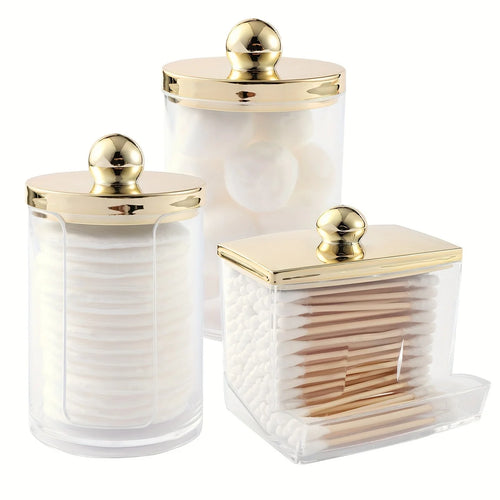 1/3 Qtips Bathroom Organizer with a gold lid, a 10 oz. ball filler and a clear plastic apothecary jar for cotton swabs Oasis Select 3pcs