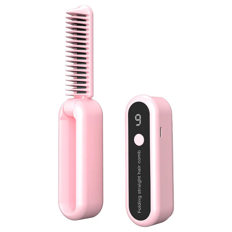 New portable foldinghairstraighteningcombwirelesscharging hair straightener does not damage haircurlingstraight foldingdual-use Oasis Select pink