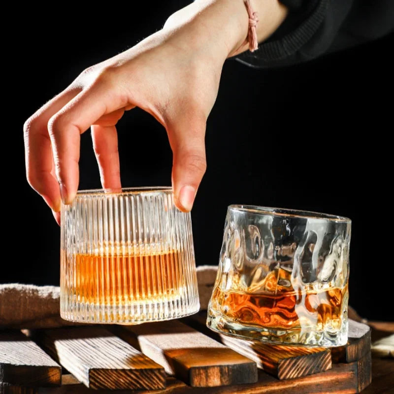 200ML Whiskey Glasses Cup Novelty Rotatable Arware Old Fashioned Wine Glass with Wooden Base for Juice Tea Bar Drinking Tools Oasis Select
