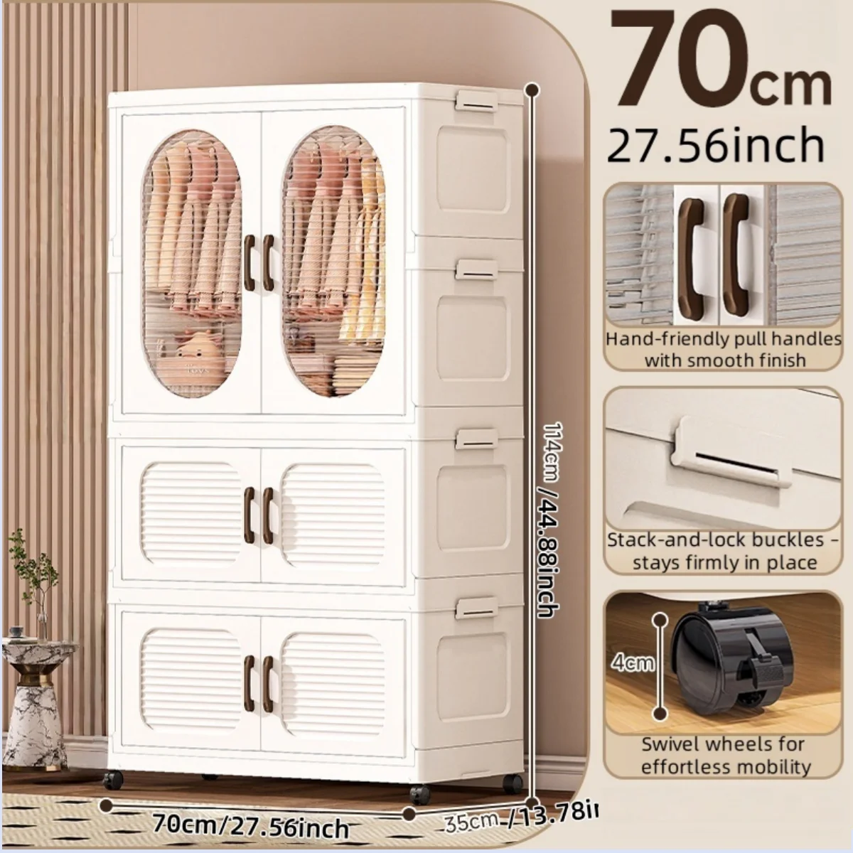 70cm Double-Door Foldable Wardrobe with Wheels - Large Capacity Magnetic Closure Storage for Clothes/Quilts, Bedroom/Living Room Oasis Select 1 cabinet 2 drawers