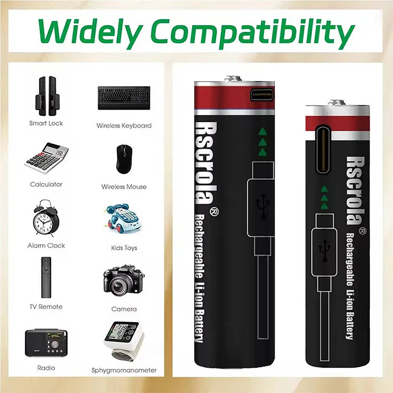 High Capacity 1.5V AA 12000mAh/AAA 8000mAh Rechargeable Lithium Battery Type-C Fast Charging for Remote control RC Mouse Toy Oasis Select