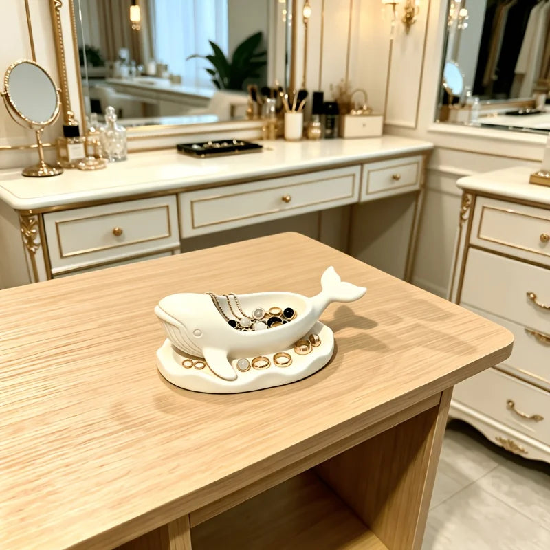 White Whale Shaped Jewelry Tray Wave Base Trinket Dish for Earrings Necklaces Cute Vanity Entryway Decor Storage Holder Oasis Select