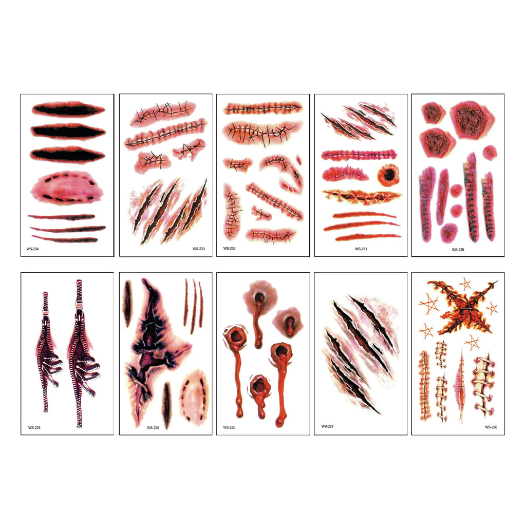 Halloween Wound Scar Tattoo Stickers – 10 Sheets, 120+ Designs Temporary Tattoo Stickers Oasis Select Multicolor