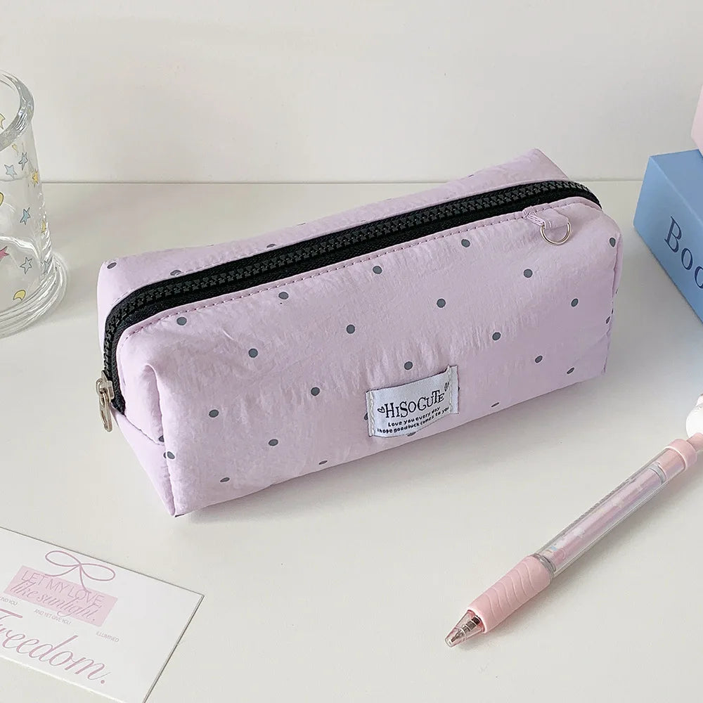 Fashion Korean Polka Dot Solid Color Pencil Case Student Stationery Large Capacity Storage Pen Bag Cute Girl Makeup Bag Gift Oasis Select purple