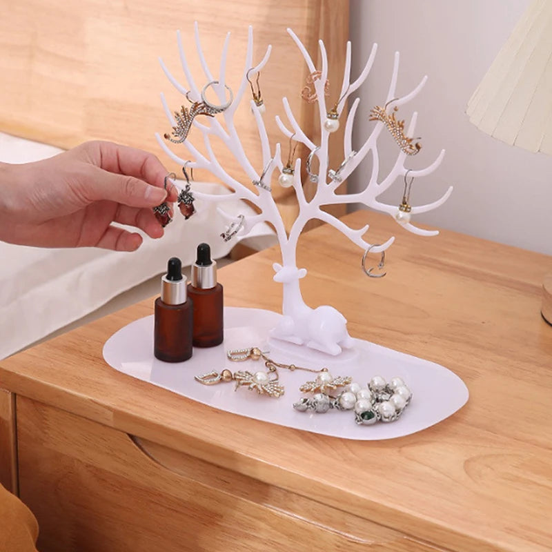 Multi-functional Desktop Jewelry Tree Stand Display Organizer with Tray for Earrings Necklaces Rings Jewelry Storage Box Decor Oasis Select