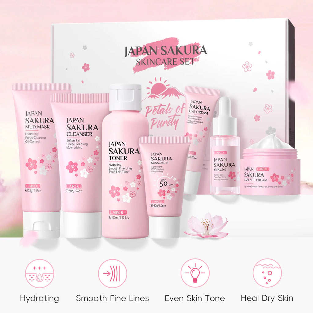LAIKOU Sakura 7-Piece Skincare Set – Hydrate, Brighten & SPF 50