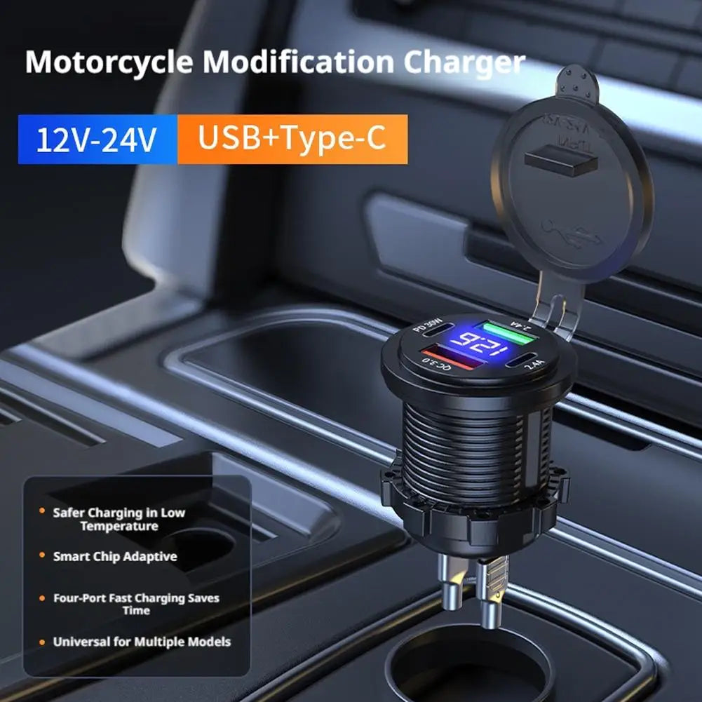 4 Port Car Digital Display Fast Charging Dual PD 30W & QC3.0 Type C Phone Car Motorcycle USB Charger Socket Oasis Select