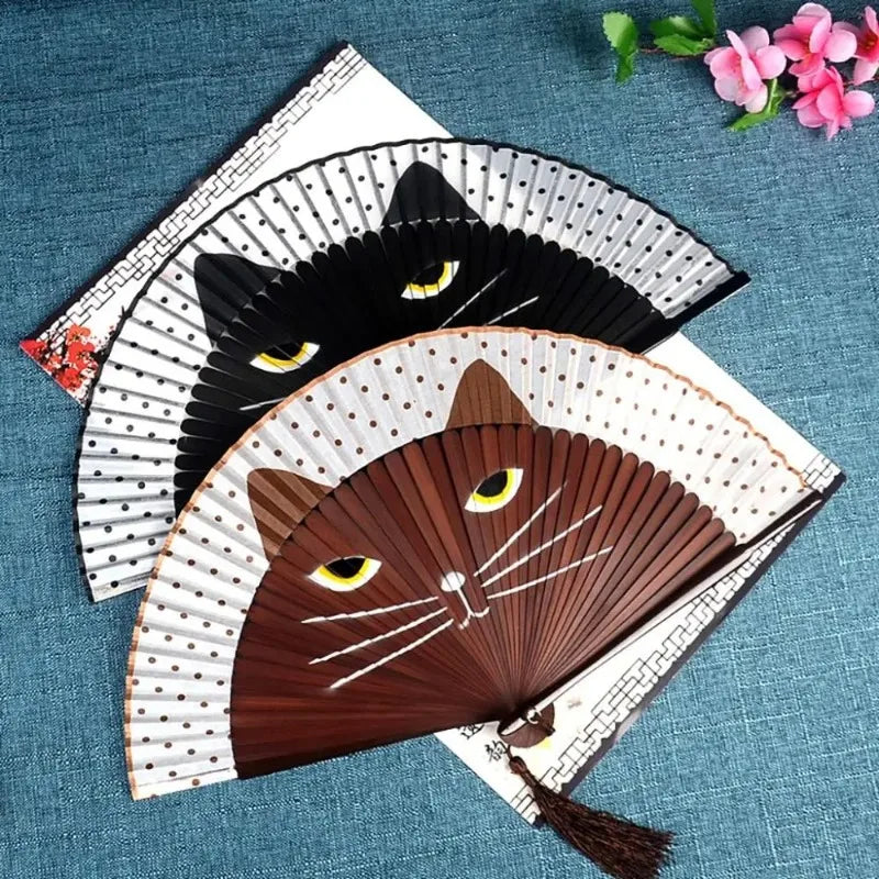 Chinese Style Summer Gift Cat Patterns Handmade Cartoon Home Decoration Silk Fan Folding Fan Fan Crafts Portable Bamboo Fan Oasis Select