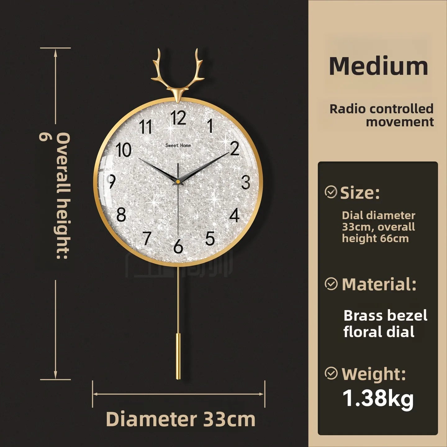 Golden Deer Horn Hanging Clock Pendant Light Luxury Dial Silent Living Room Modern and Simple Home Wall Decoration Oasis Select Brass 33cmRadio wave