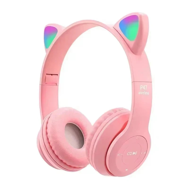 Flash Lamp Cute Cat Ears Headphone Bluetooth5.0 Stereo With Mic Support TF Card Wireless Kids Girl Earphone Birthday Gift Oasis Select Pink 1