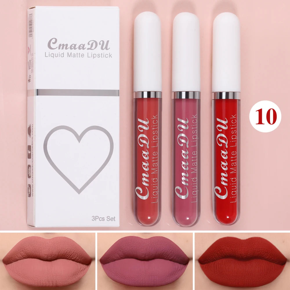3 Pcs Matte Lipstick Lip Gloss Sets Long-Lasting Non-Fading Waterproof Non-stick Cup Exquisite Gift Everyday Holiday Universal Oasis Select 10