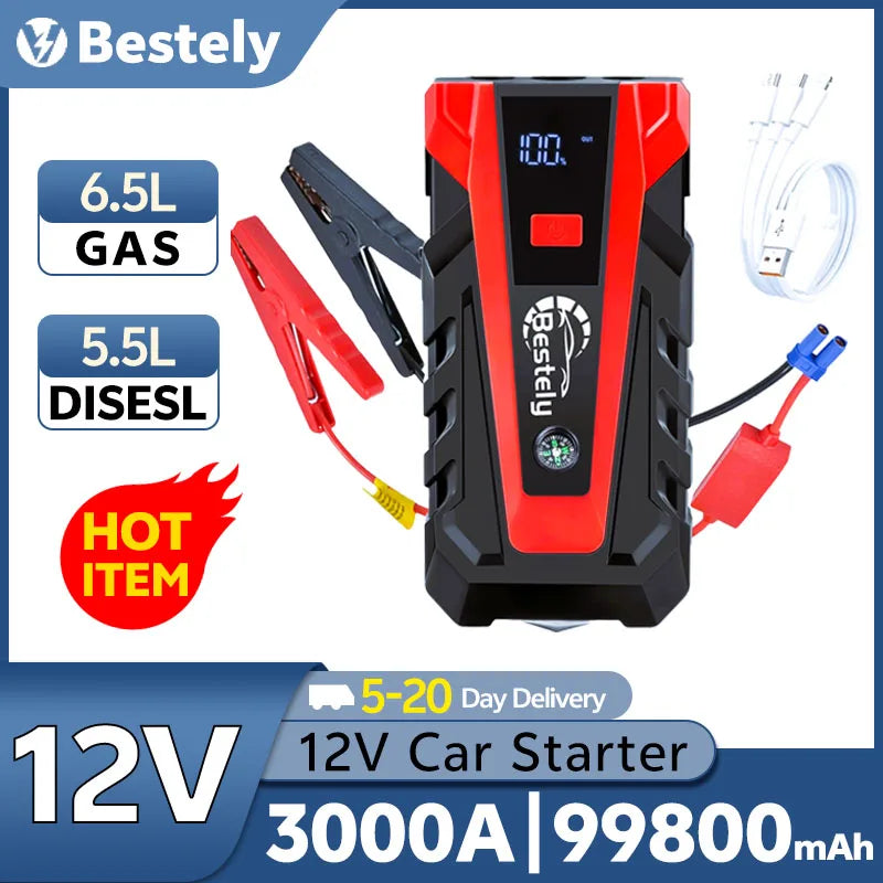 Bestely 12V 99800mAh 3000A Car Jump Starter Car Battery Starters Portable Power Bank 12V Starting Device Petrol Diesel Car Oasis Select