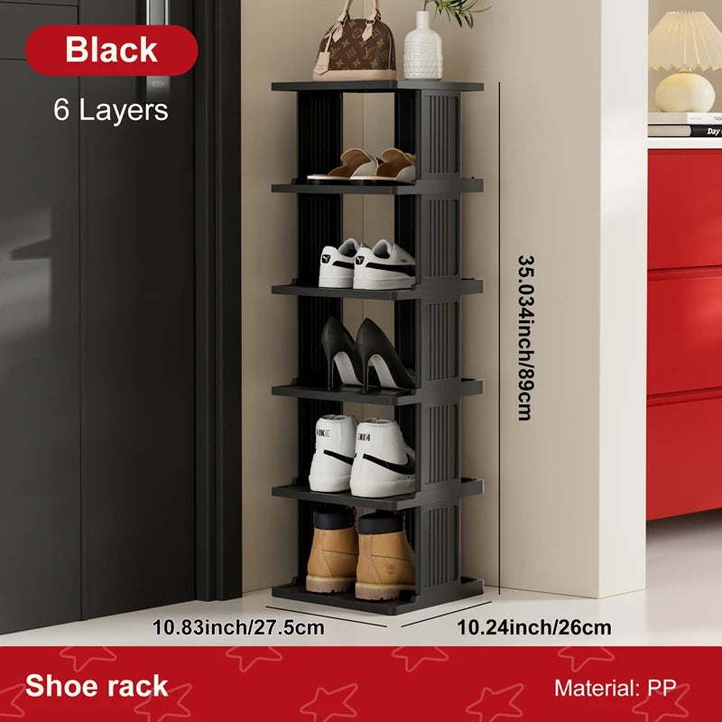 Vertical Shoe Rack: Stackable Shoe Rac, DIY Free-Standing Shoe Organizer, Small Shoe Shelf for Compact and Narrow Spaces, Plasti Oasis Select Black 6 Tiers