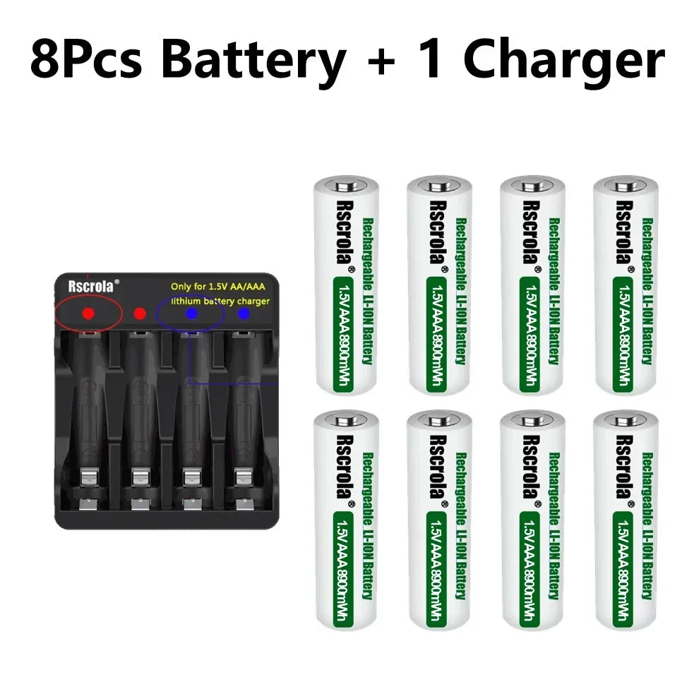 1.5V AAA8900mWh rechargeable battery New AAA lithium battery long life for Mouse Flashlight Fan Game Machine electric toy Oasis Select 8P AAA and 1Charger 1.5V