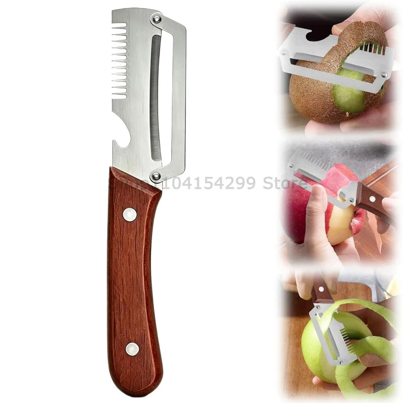 2026 New Paring Knife Ergonomic Wood Handle Knife Stainless Steel Vegetable Peeler with Wooden Handle 2-in-1 Fruit Potato Peeler Oasis Select plastic Slicer-1PCS