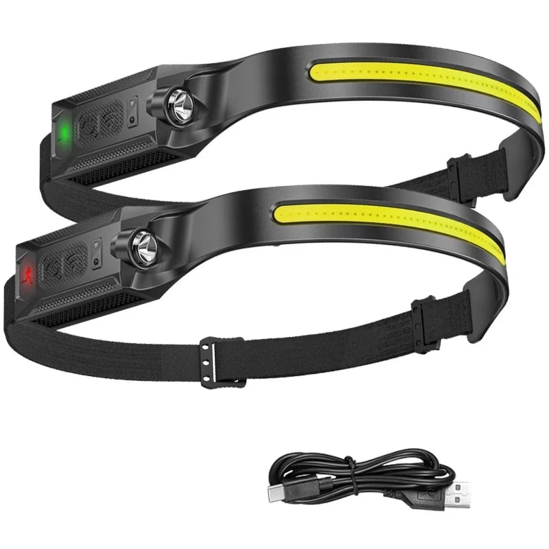 Super Bright Motion Sensor LED Headlamp Rechargeable Headlight 5-mode Lighting Waterproof Head Torch for Fishing Camping Hiking Oasis Select Black-2PCS