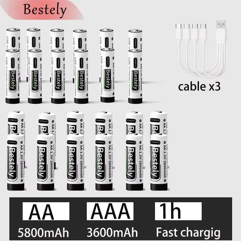 AA AAA Battery 1.5V 5800mAh and 3600mAh Lithium Rechargeable Batteries Fast Charging Li-ion Battery 2000 Cycles Type-C Cable Oasis Select 12AA 12AAA