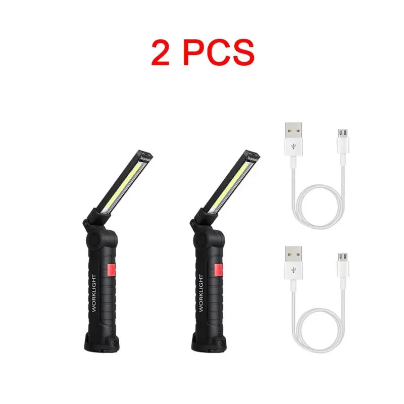 COB LED Folding Flashlight Portable Magnetic Work Light Lantern USB Rechargeable Emergency Repair Camping Torch Lamp With Hook Oasis Select W51(Short 2pcs)