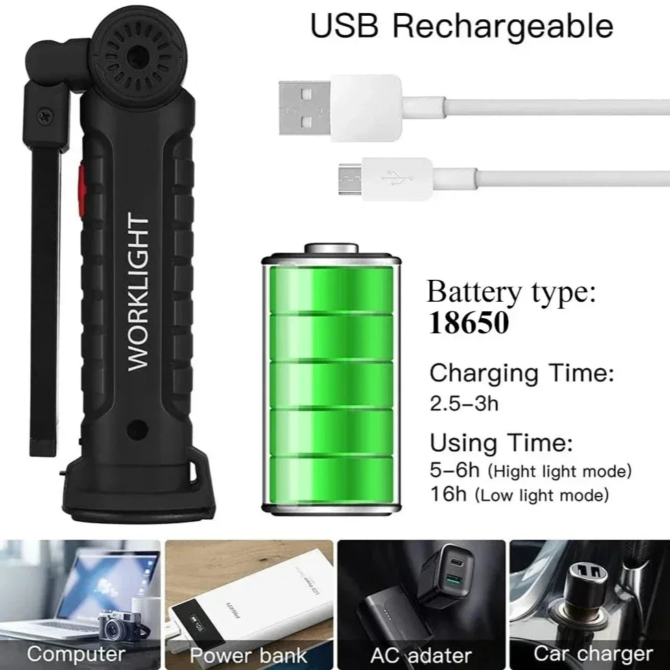 USB Rechargeable COB LED Flashlight | Magnetic, 5 Modes
