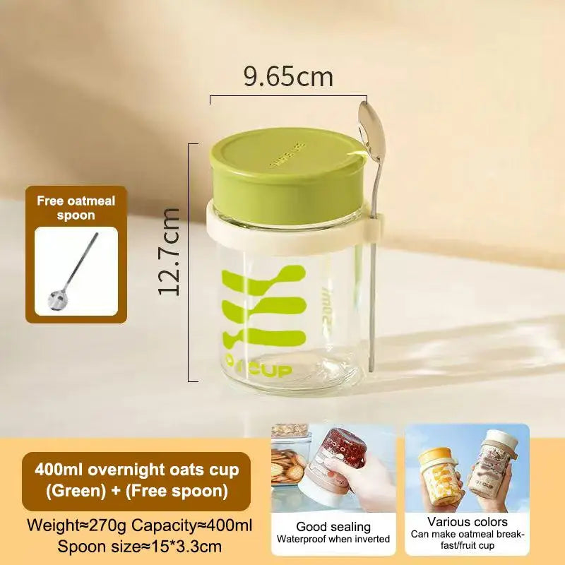 400ml Glass Overnight Oat Cup with Lid & Spoon | Breakfast Jar
