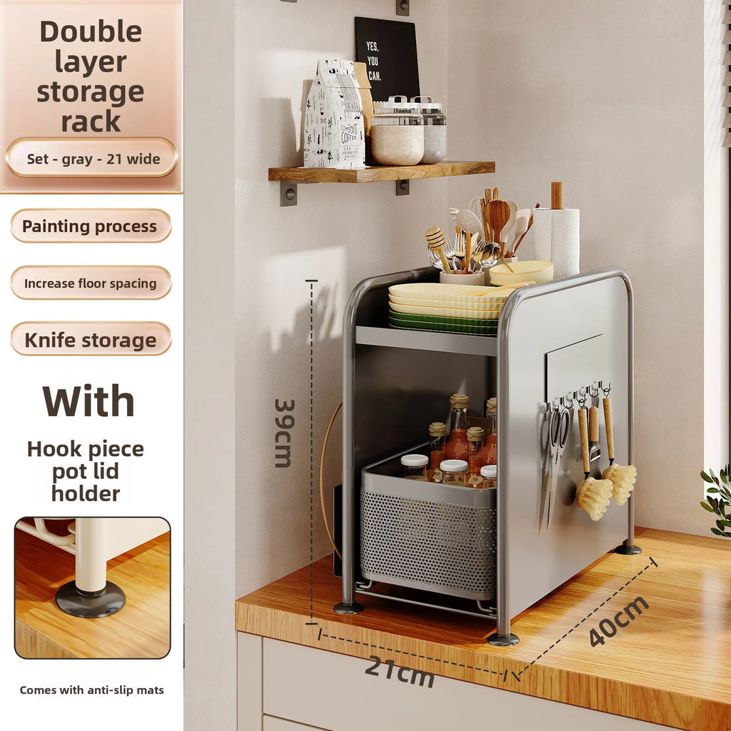 Kitchen seasoning rack Narrow slot seasoning tank Storage rack Side magnetic hanger Pull-out countertop storage cabinet Oasis Select Grey 2 big guogaijia