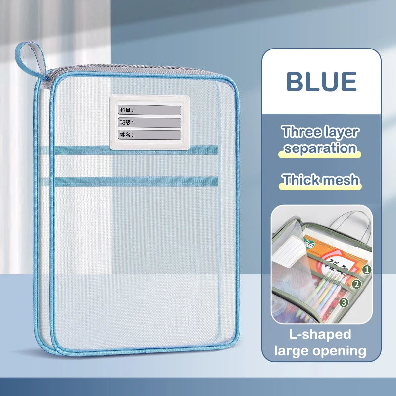 A4 Stationery Storage Bag Double-layer Mesh Zipper Bag Large Capacity Organizer Folders School Office Supplies Stationary Bag Oasis Select 33CM blue