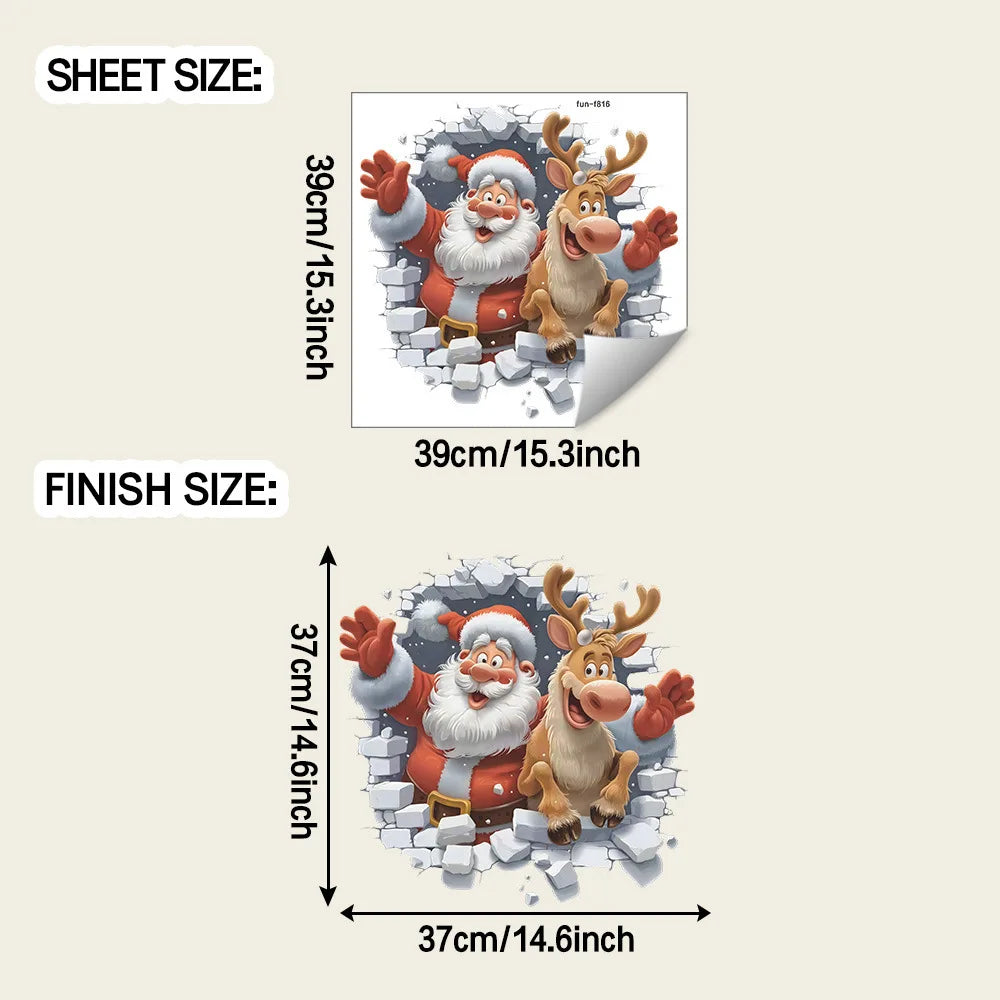 Self Adhesive Removable 3D Santa Claus and Rudolf Wall Stickers，Christmas Decorative Stickers Oasis Select as shown