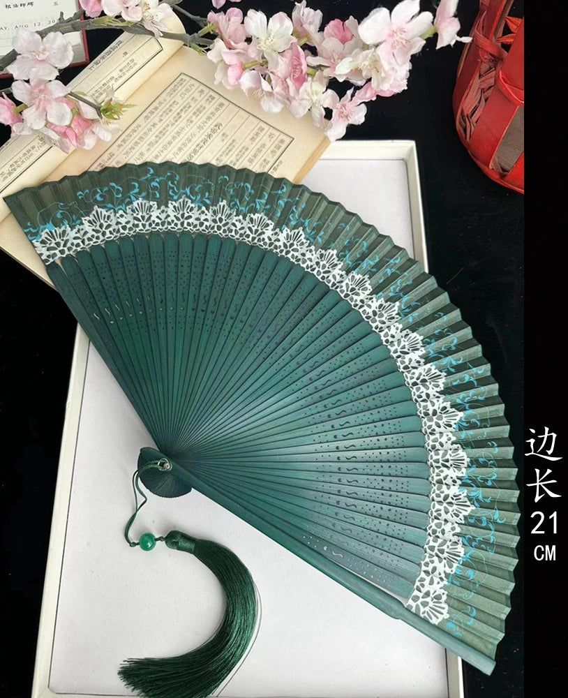 Antique Retro Portable Green Folding Fan Women's Portable Hanfu Cheongsam Folding Small Classical Dance Fan Chinese Fan Oasis Select 1