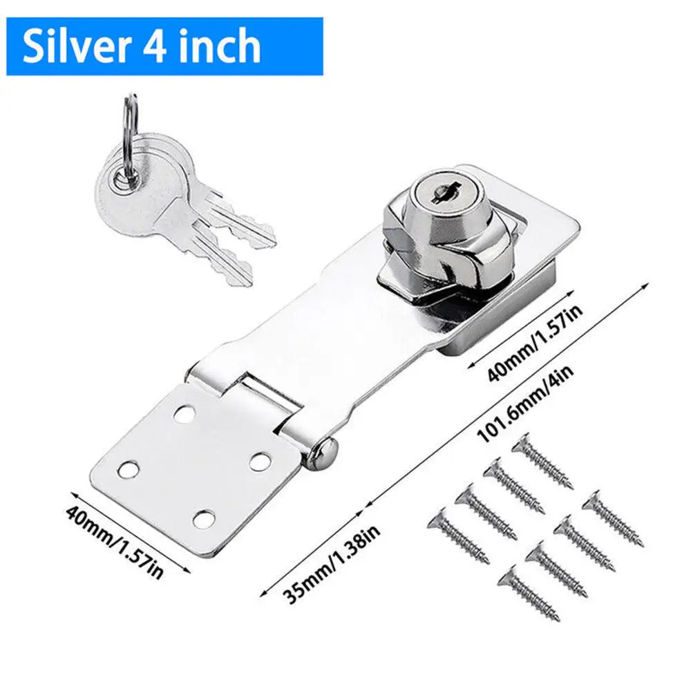 2.5/3/4inch Heavy Duty Locking Hasp with Keys Padlock Cupboard Drawer Wooden Box Lock Self Locking Security Staple Hardware Oasis Select Silver-4inch