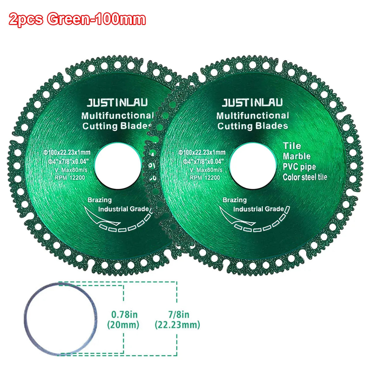 JUSTINLAU Multifunctional Cutting Piece Sheet Disc Tile Rock Plate Metal Marble Machine Angle Grinder Dry Slice Emery Saw Blade Oasis Select 2pcs Green-100mm