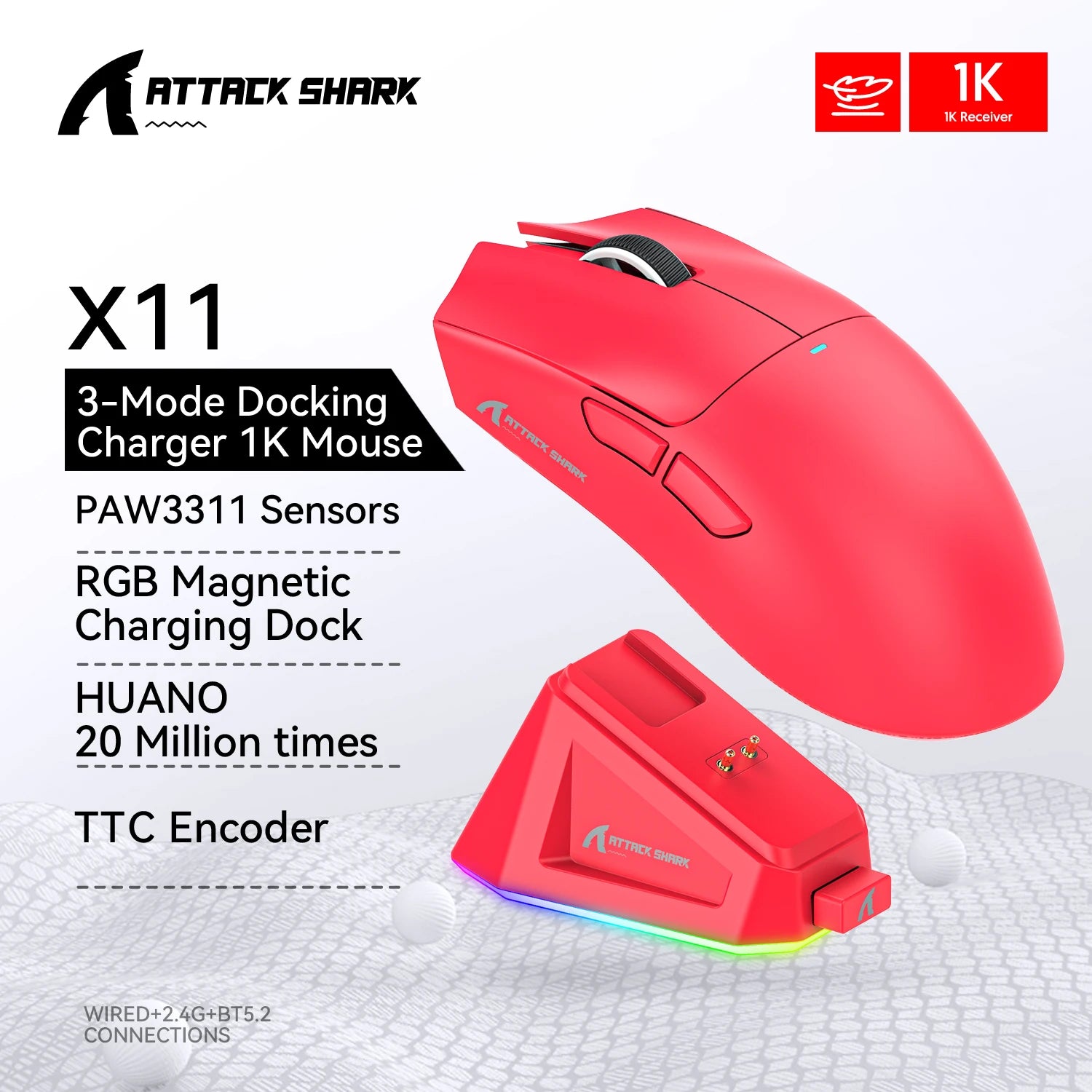 Attack Shark X11 Wireless Gaming Mouse: 3-Mode (2.4GHz/Wired/Bluetooth), PAW3311, 22000DPI, 400IPS, PC Gaming Mouse Oasis Select X11 Red
