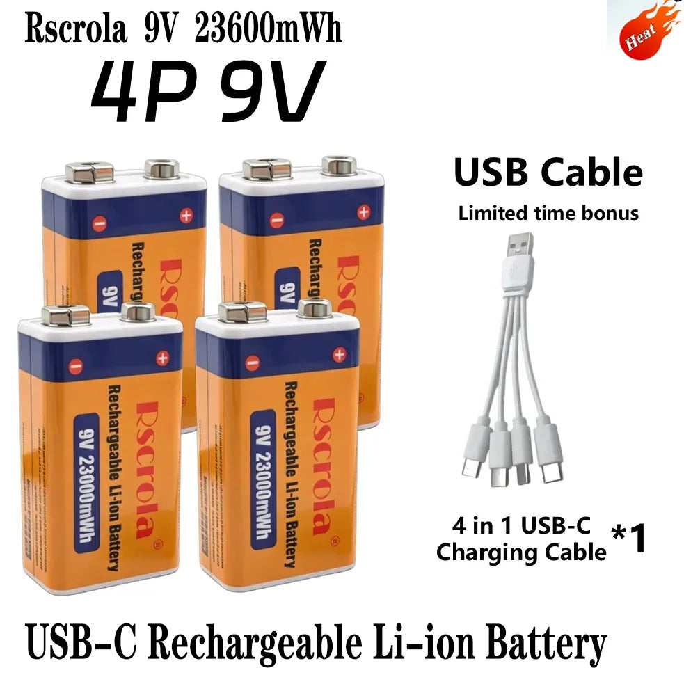 Rscrola 9V USB-C Rechargeable Battery 23600mWh Li-ion Constant Voltage for Guitar Pedal Smoke Detector Multimeter, Long Life Wit Oasis Select