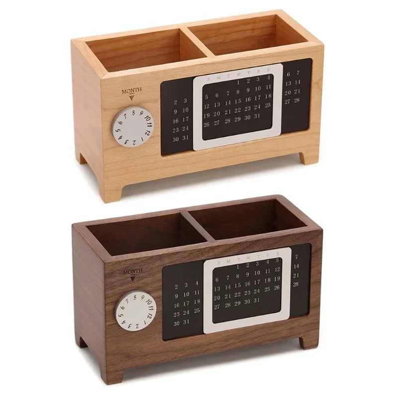 Creative Wooden Calendar Pen Holder Multifunctional Desktop Organizer Stationery Pencil Storage Box Remote Control storage Box Oasis Select