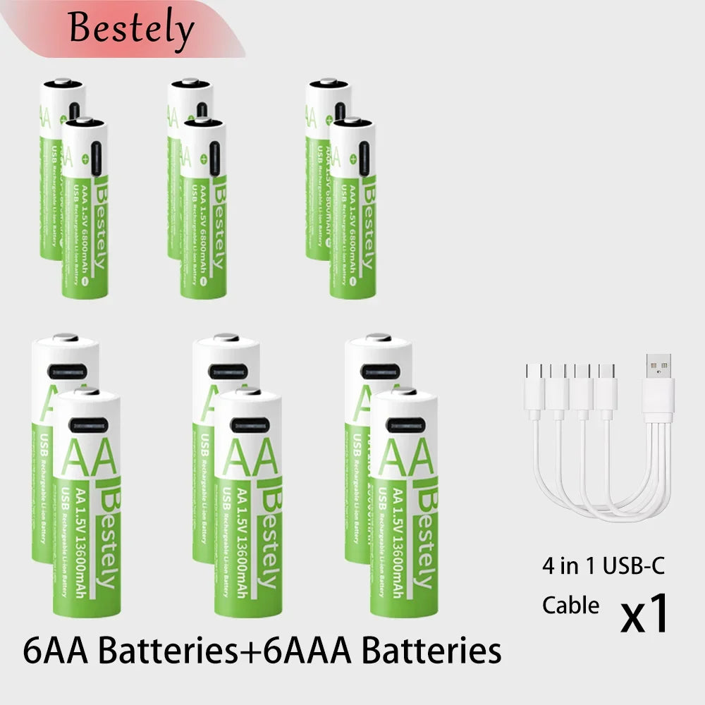 New 1.5V AA 13600mAh+AAA 6800mAh Lithium rechargeable Battery,USB Fast Charging Li-ion Battery , 2000 Cycles with USB- C Cable Oasis Select 6AA 6AAA