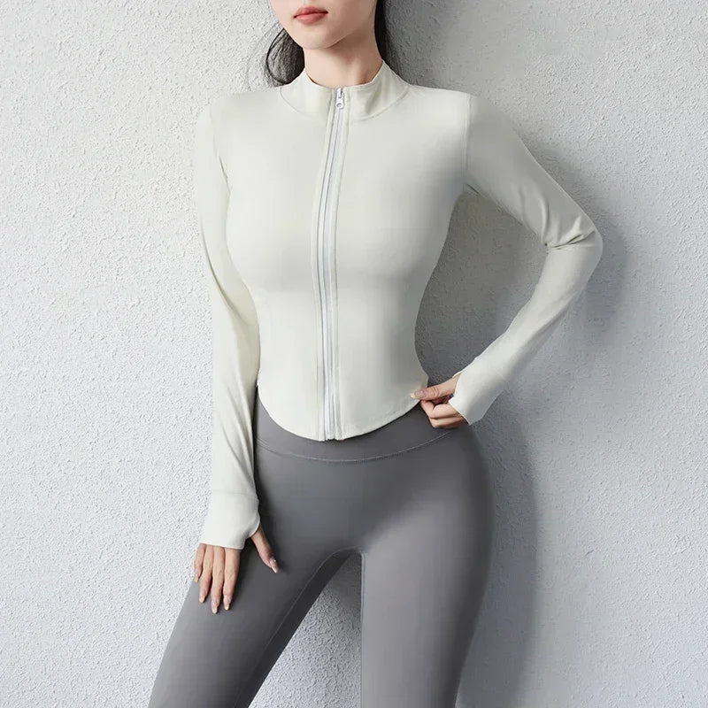2024 Yoga Wear Running Sports Jacket Quick-drying Women's Fitness Wear Zipper Yoga Wear Top Jacket Long Slim Training Wear Oasis Select White L