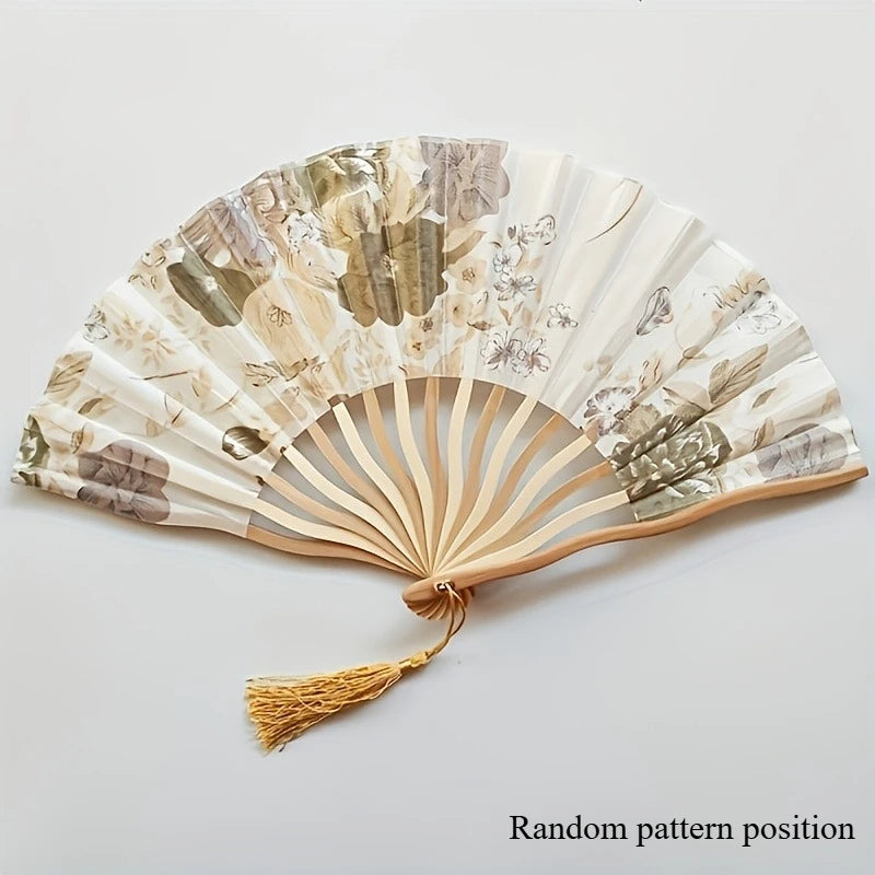 Traditional Chinese Ink Painting Folding Fan Portable Bamboo Cloth Hand Fan with Floral Pattern and Tassel for Qipao Accessory Oasis Select yellow