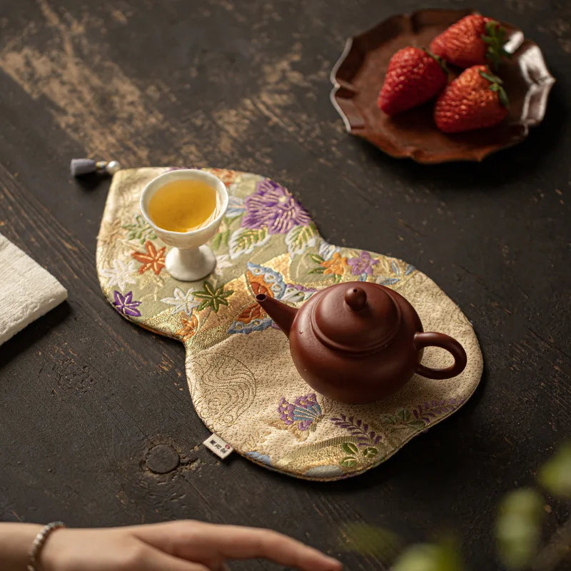 Double-sided Tea Mat Nishijin Weaving Gourd Chinese Zen Style Tea Tablecloth Heat Insulation Mat Teapot Holder Tablecloth Oasis Select