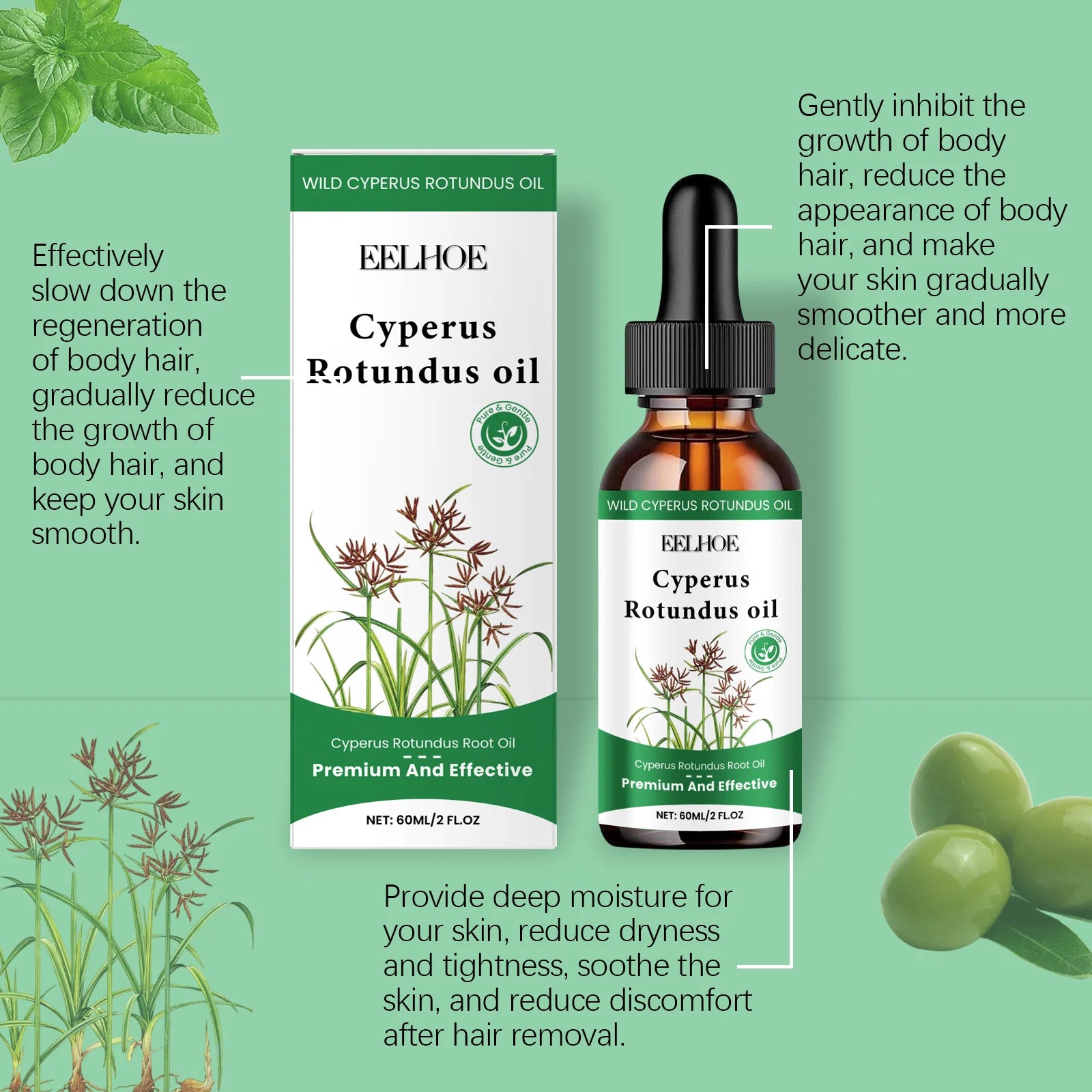 60ml Cyperus Rotundus Oil Gentle Hair Removal Care Oil Body Hair Inhibitor Serum Moisturizing Nourishing Natural Cypress Oil New Oasis Select