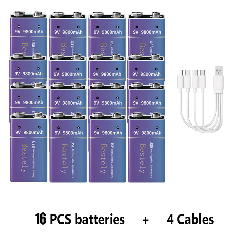 9V Rechargeable Li-ion Battery 9800mAh PP3 6F22 6LR61 006P USB Charging For Smoke Detector Alarm Microphone Toy Oasis Select 16 PCS Batteries