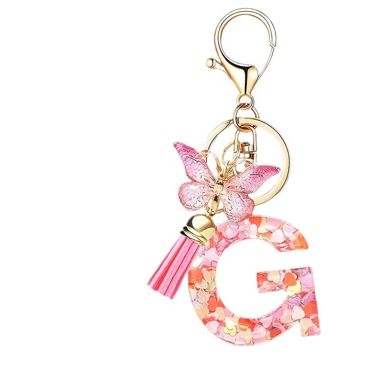1pc Pink Glitter Letter Keychain with Heart Butterfly Tassel Crystal Resin Charm Fashion Accessory Gift for Women & Girls Oasis Select