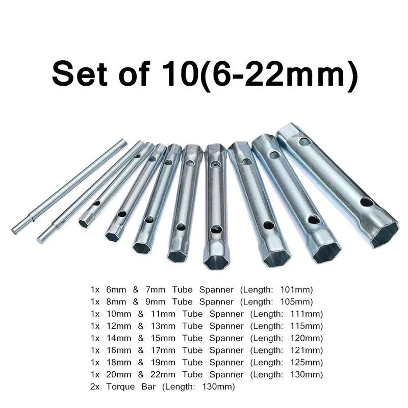 6-22mm 10Pcs Metric Tubular Box Wrench Set Tube Bar Spark-Plug Spanner Steel Double Ended for Automotive Plumb Repair Hand Tools Oasis Select