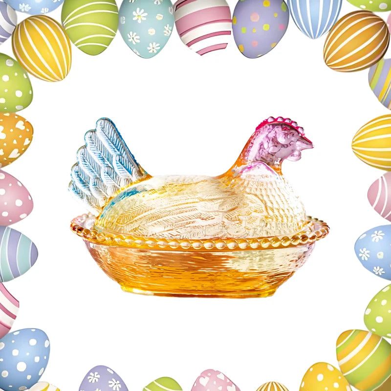 SXH Hen Glass Dish Crystal Glasses Candy Dish With Lid Hen-Shaped Chicken Fruit Bowl Dessert Snacks Plate Retro Bowl Jar Oasis Select B