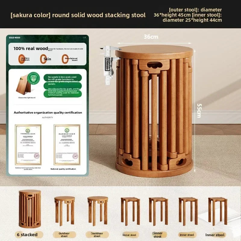 Household Stools Can Be Stacked Solid Wood Round Low Pulleys Wooden