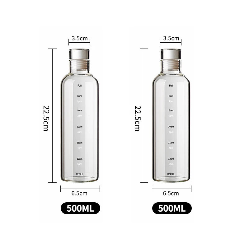 2pcs 300-1000ml Clear Glass Water Bottle Large Capacity with Time Marker Cover for Water Drink Outdoor Portable Milk Juice Cup Oasis Select 500ml-2PCS 300-1000ml