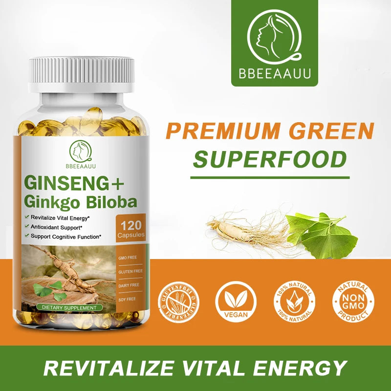 BBEEAAUU Ginseng Ginkgo Capsules Support Healthy Brain, Memory Cognitive Functions,Combat Stress & Fatigue Improve Immune System Oasis Select