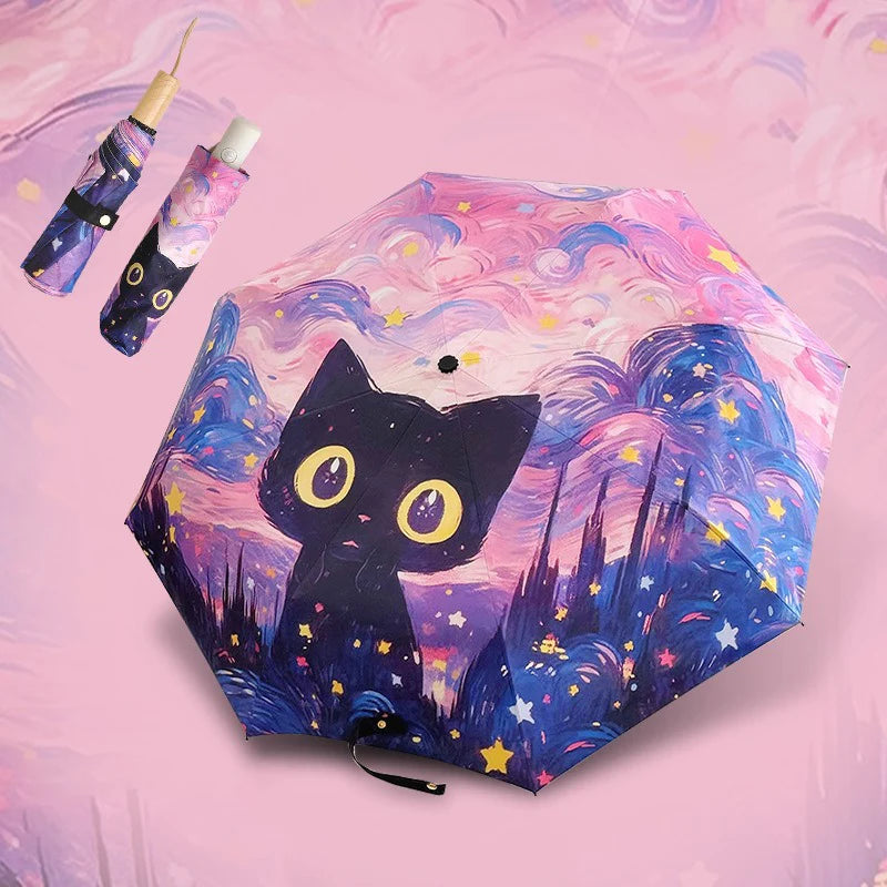 Blue Green Purple Powder Cat Cartoon Fold Umbrella Fully Automatic Umbrella Women's Dual-Purpose Sun Umbrella Portable Umbrella Oasis Select