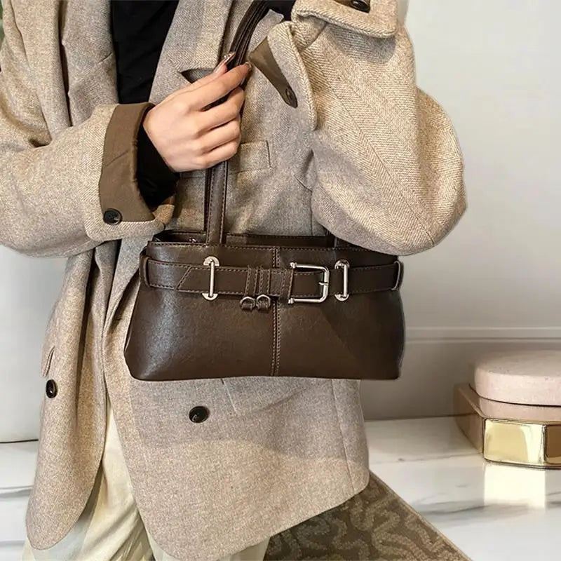 Vintage Solid Color Tote Bag Large Capacity Shoulder Handbag for Women Commute Shopping Daily Use Oasis Select